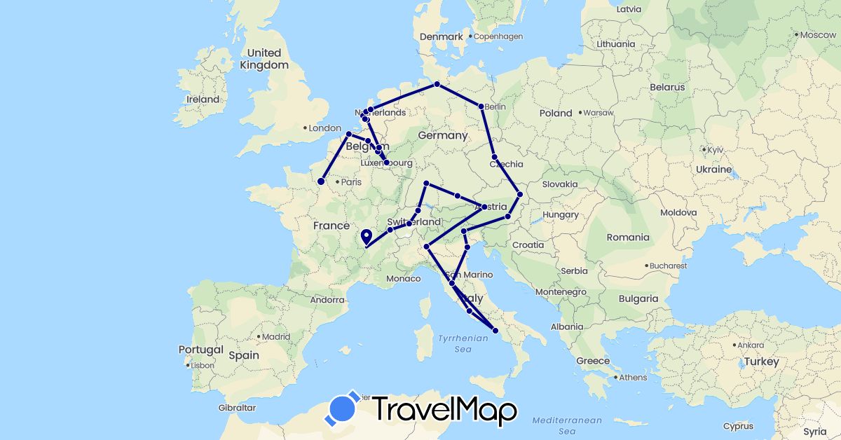 TravelMap itinerary: driving in Austria, Belgium, Switzerland, Czech Republic, Germany, France, Italy, Luxembourg, Netherlands (Europe)